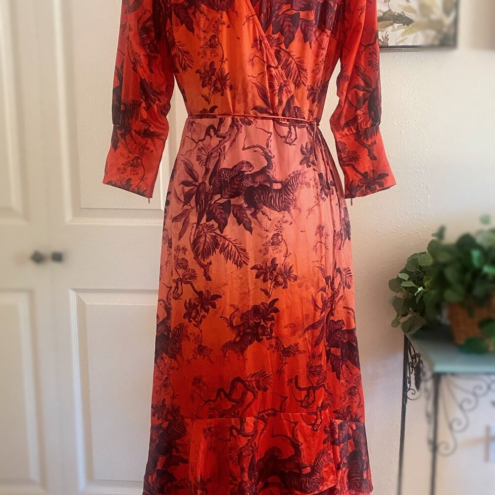 All Saints Dress Wrap Midi Asymmetry Hem Tropical Forest Pattern Silk Blend Sz 6